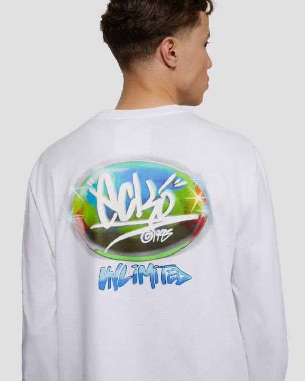 white long sleeve top with colorful logo on back