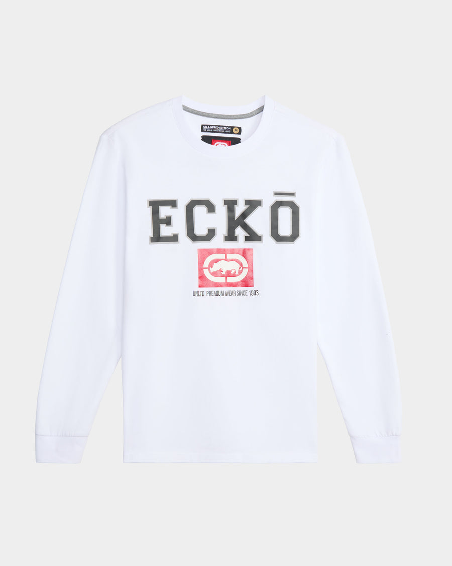 White Long Sleeve Ecko Unltd Shirt with "ECKO" in Black writing and small red and white rhino logo underneath