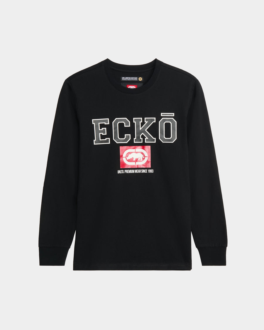 Black Long Sleeve Ecko Unltd Shirt with "ECKO" in dark grey writing and small red and white rhino logo underneath