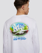 white long sleeve top with colorful logo on back
