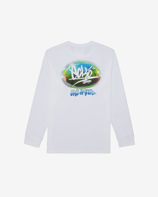 white long sleeve top with colorful ecko logo on back