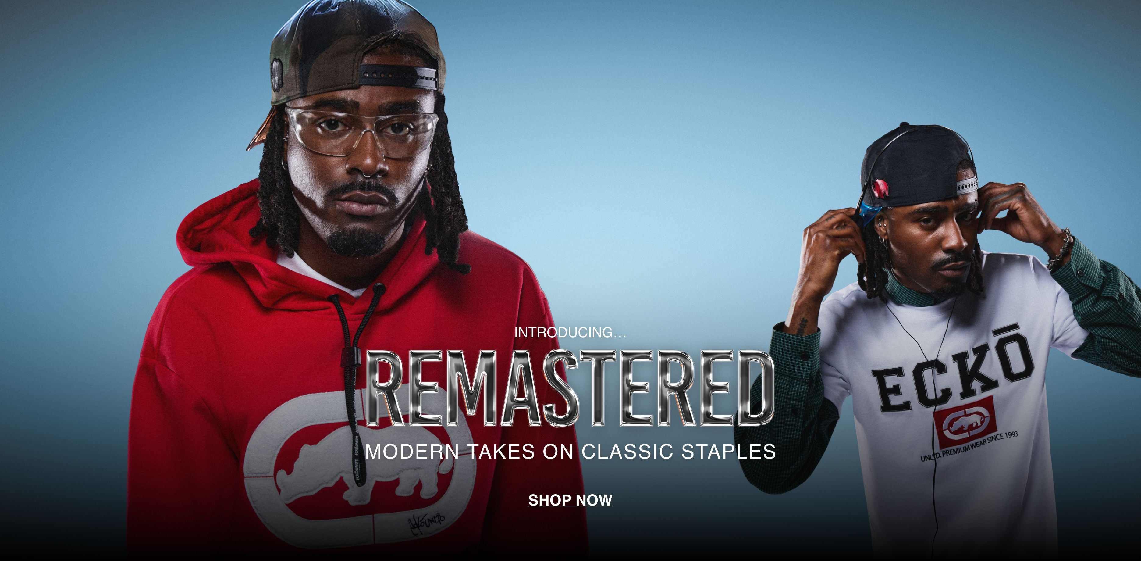 Two men wearing a Ecko Unltd Red Hoodie and White t-shirt. With bold text: Introducing... REMASTERED - Modern Takes on Classic Staples