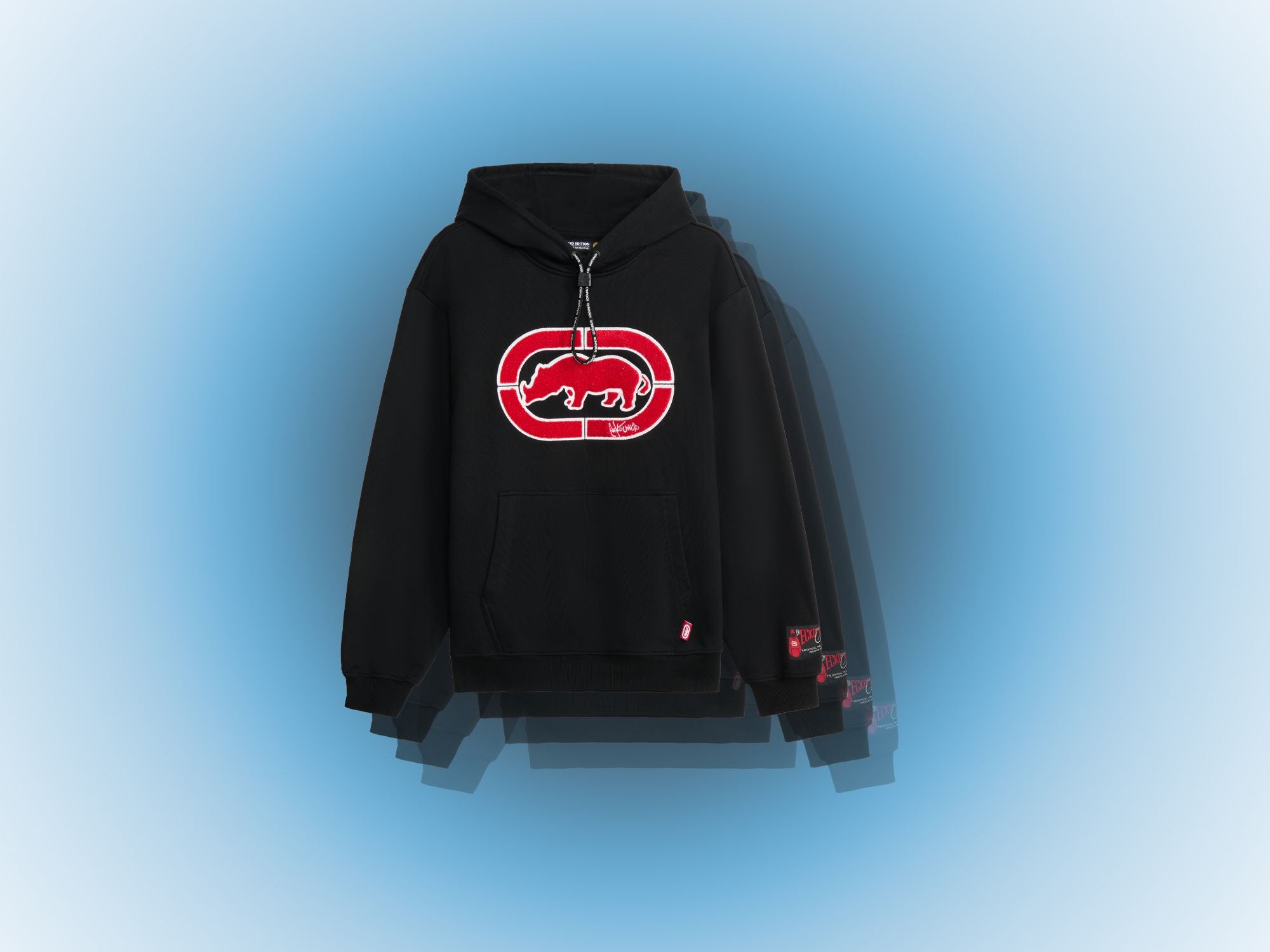 Black Ecko Unltd Hoodie with red rhino logo design on front