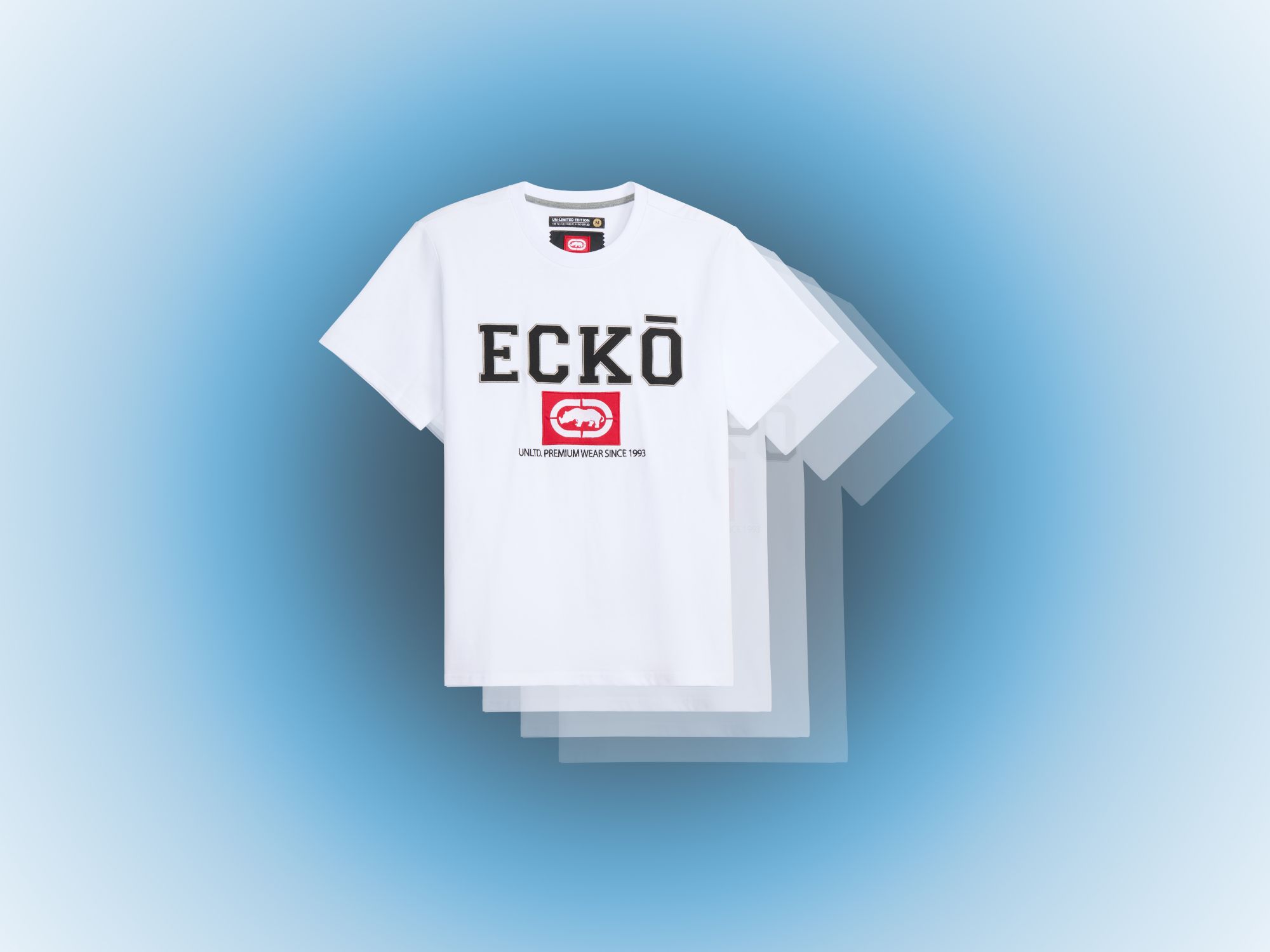 White Ecko Unltd t-shirt with "ECKO" writing on front and classic rhino logo design underneath